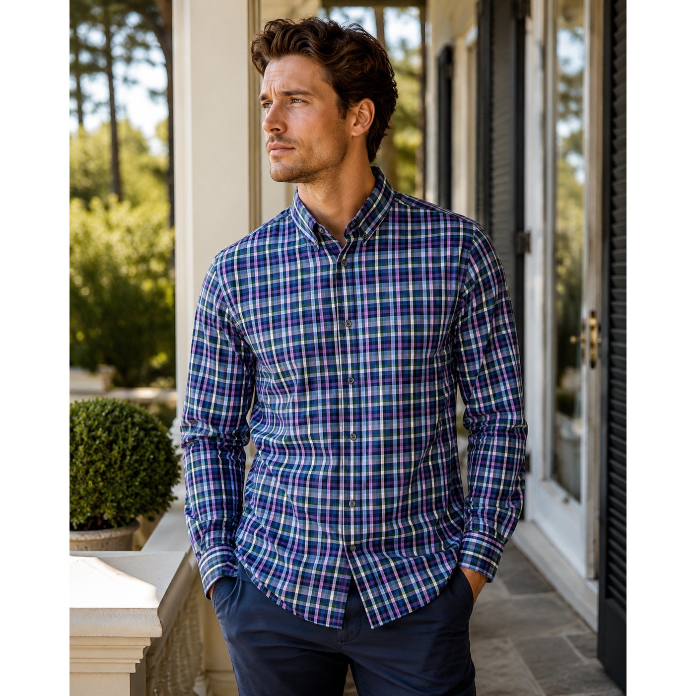 Mizzen+Main Leeward Collection Trim Fit Plaid Long Sleeve Button Down in Blue, Navy, Purple, Green and White — Size 2XL // Preowned
