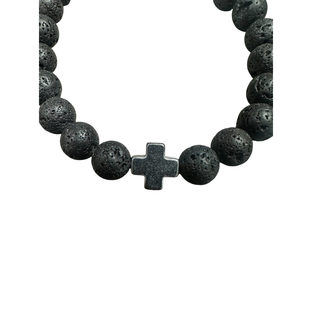 Andrew Christian Silver Cross Black Stretch Bead Bracelet in Black and Silver — One Size