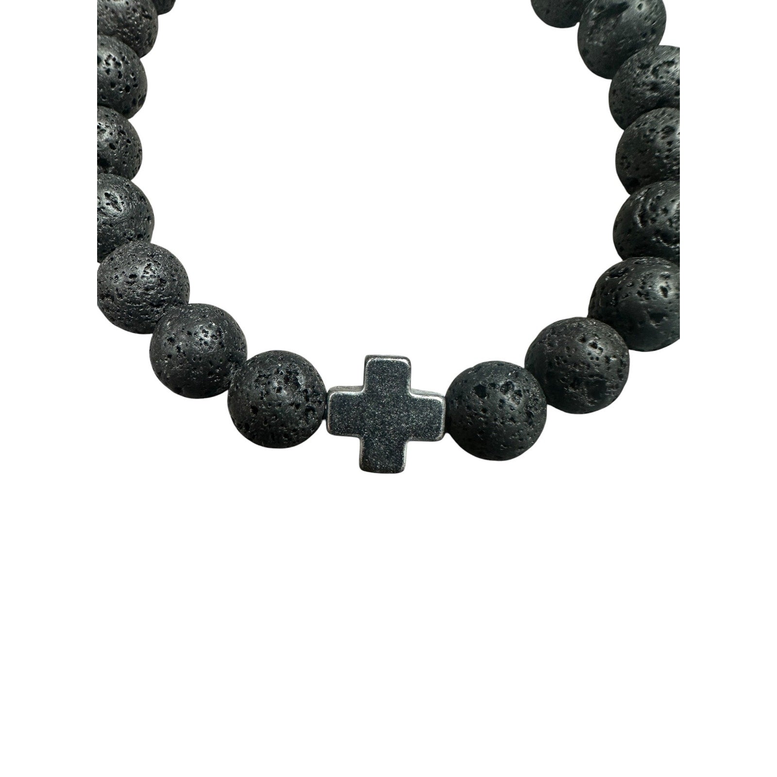 Andrew Christian Silver Cross Black Stretch Bead Bracelet in Black and Silver — One Size