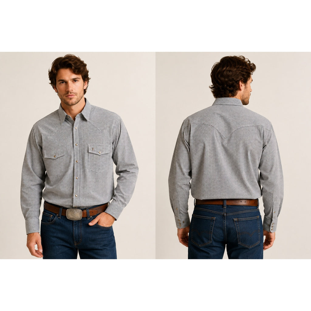 Lucchese Bootmaker Tattersall Plaid Western Long Sleeve Pearl Snap Button Down in Navy Brown and White — Size XL // Preowned