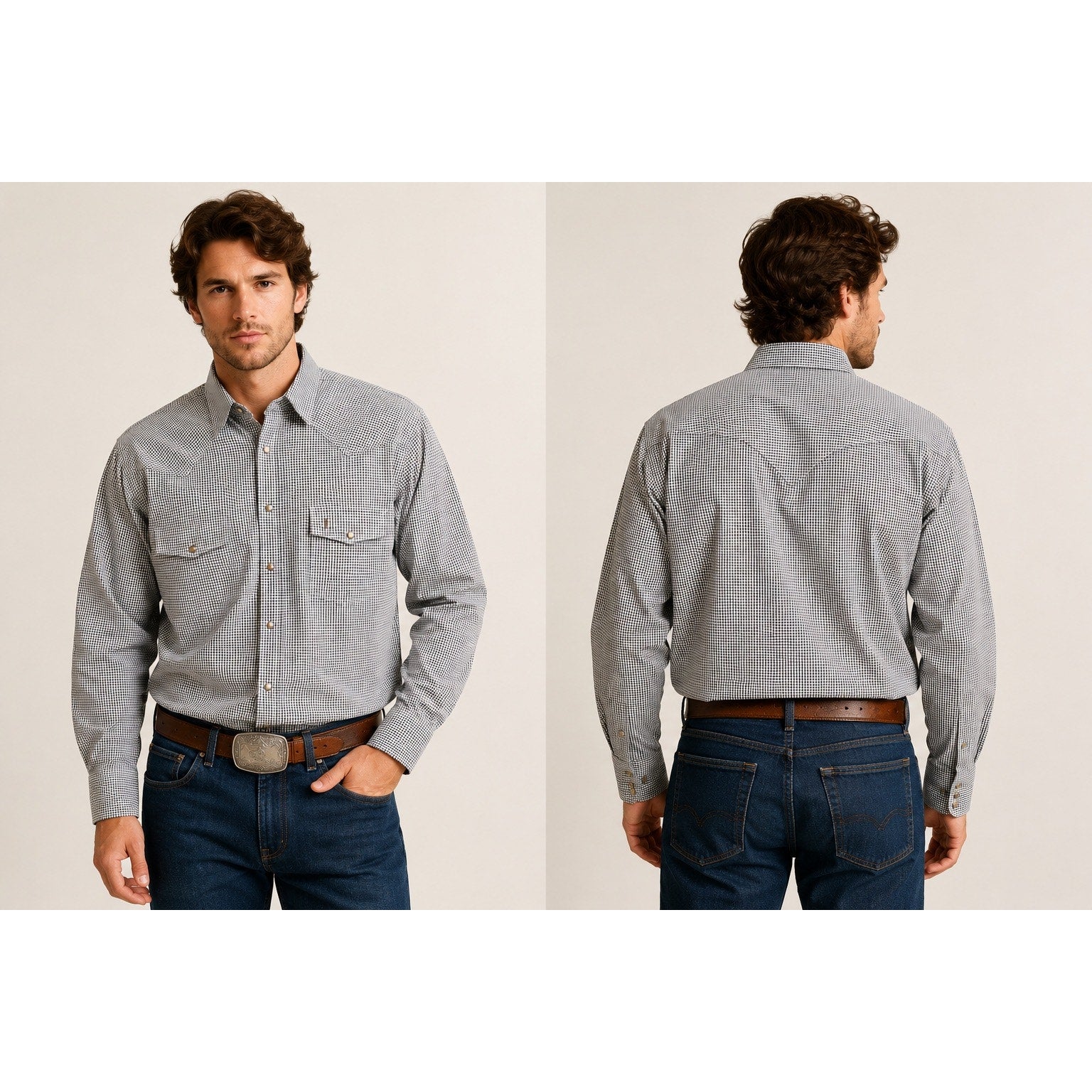 Lucchese Bootmaker Tattersall Plaid Western Long Sleeve Pearl Snap Button Down in Navy Brown and White — Size XL // Preowned