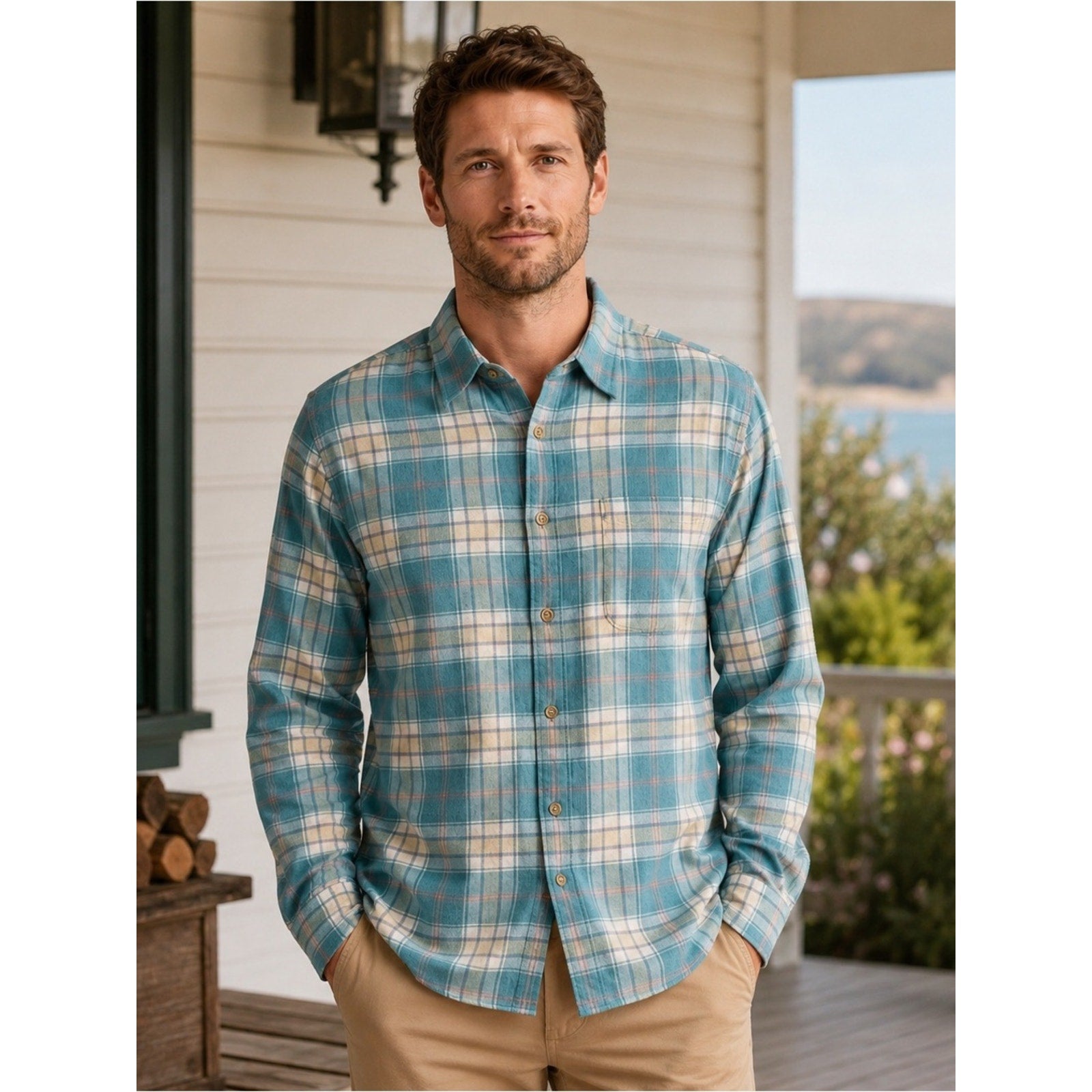 Faherty All-Time Lightweight Brushed Flannel Plaid Long Sleeve Button - Large