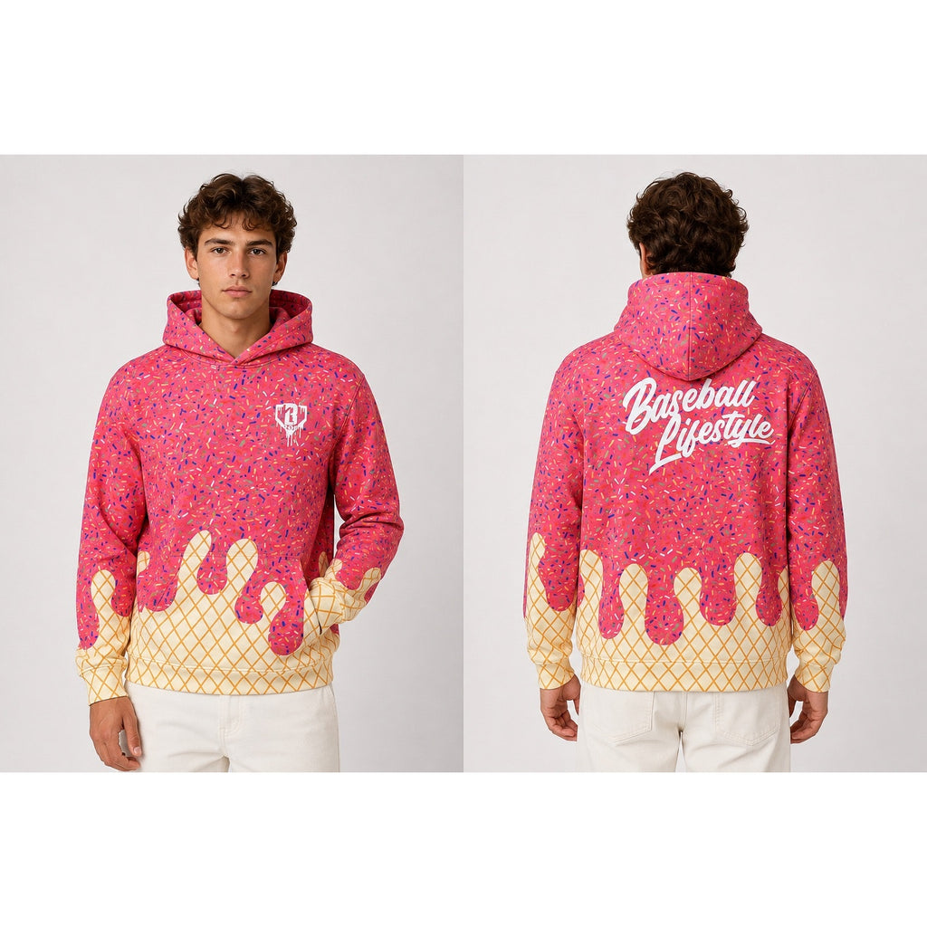 Baseball Lifestyle 101 Ice Cream Pullover Hoodie in Strawberry Pink — Size XL