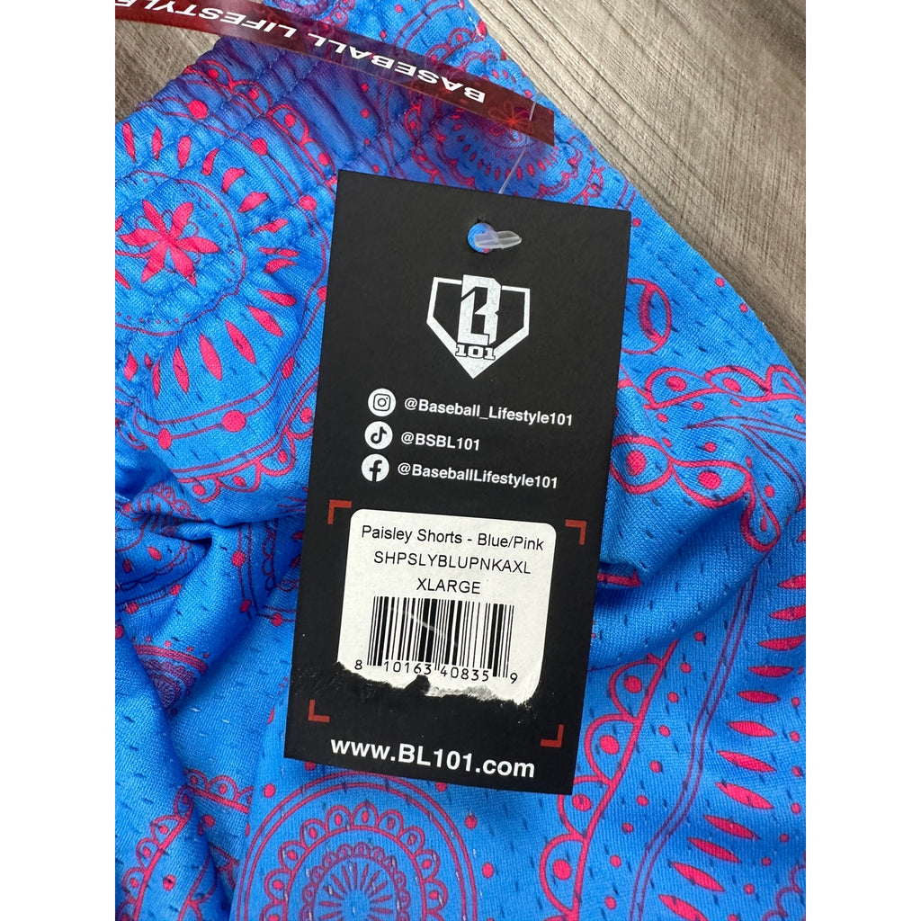 Baseball Lifestyle 101 Paisley Mesh Athletic Shorts in Blue, Pink — Size XL