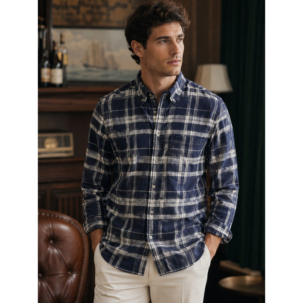 Brooks Brothers Milano Fit Baird McNutt Irish Linen Plaid Long Sleeve Button Down in Navy White — Size Small // Preowned