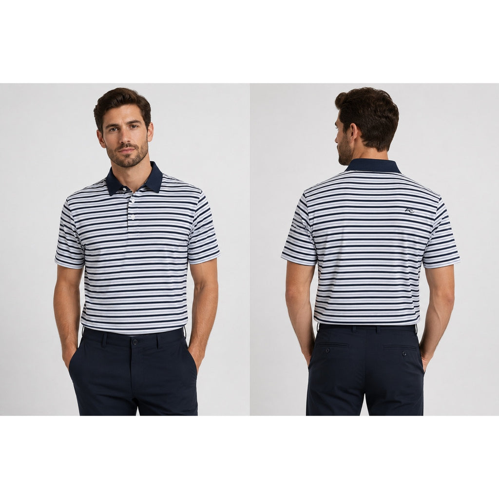 KJUS Luis Multi Stripe Comfort Fit Performance Polo in White, Navy, Slate Blue — Size 56 (2XL)