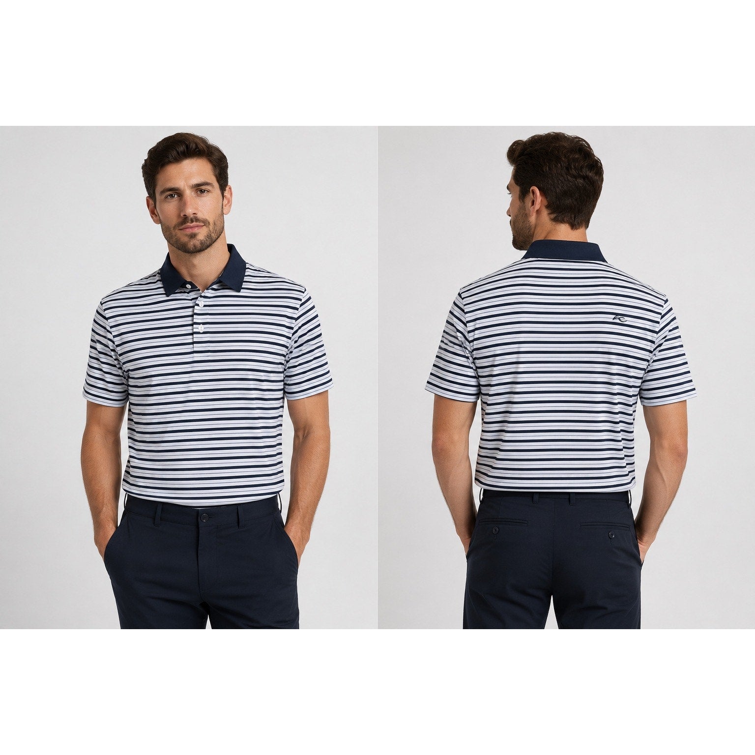 KJUS Luis Multi Stripe Comfort Fit Performance Polo in White, Navy, Slate Blue — Size 56 (2XL)