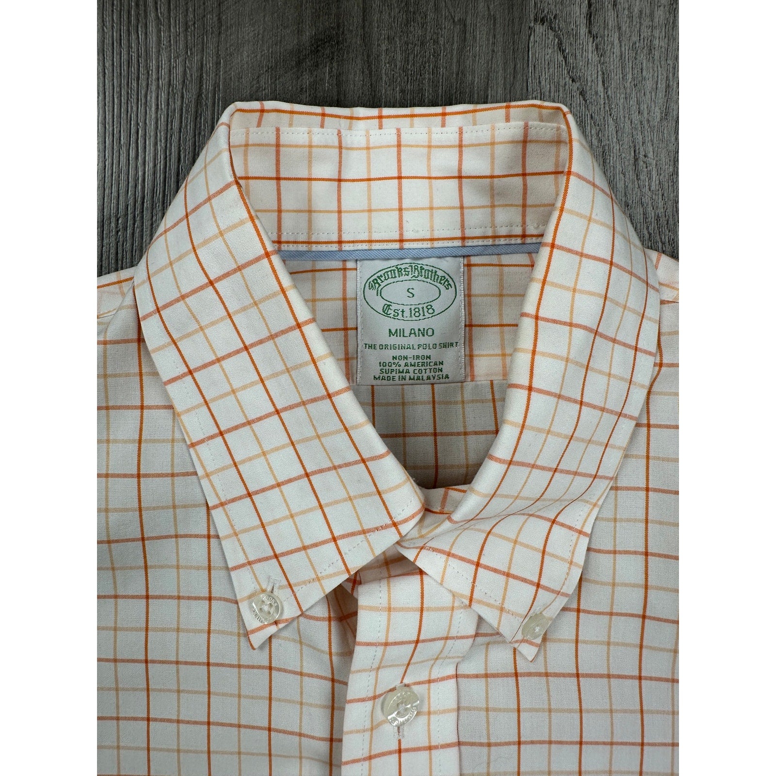 Brooks Brothers Milano Non-Iron Checkered Windowpane Long Sleeve Button Down in White Orange — Size Small // Preowned