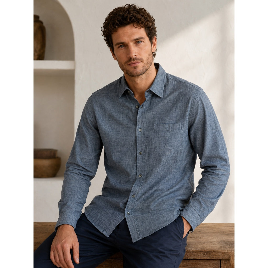 Vince Double Face Cotton Classic Fit Button-Down in Heather Blue — Medium