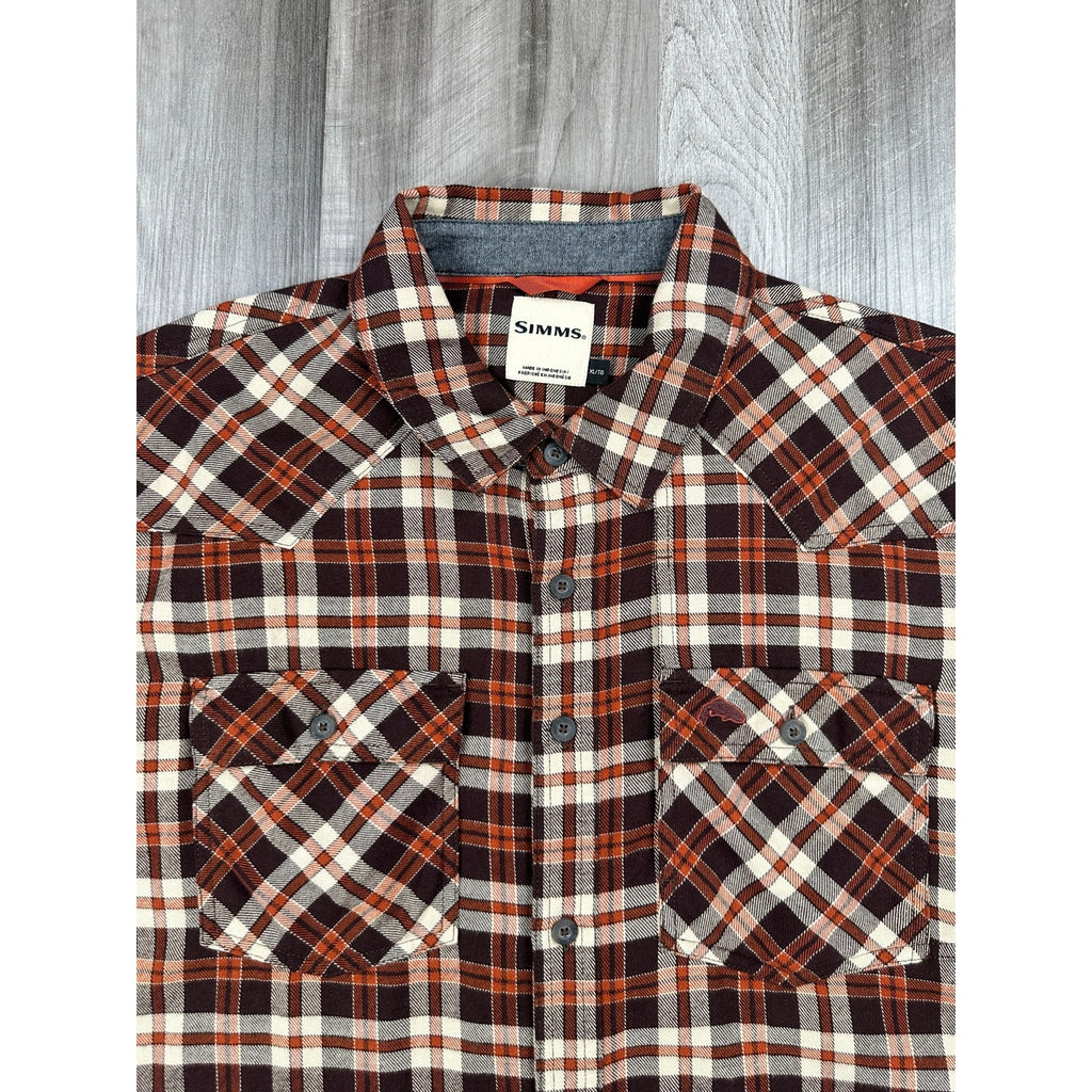 Simms Santee Flannel Camp Plaid Long Sleeve Shirt in Mahogany, Tan — Size XL // Preowned
