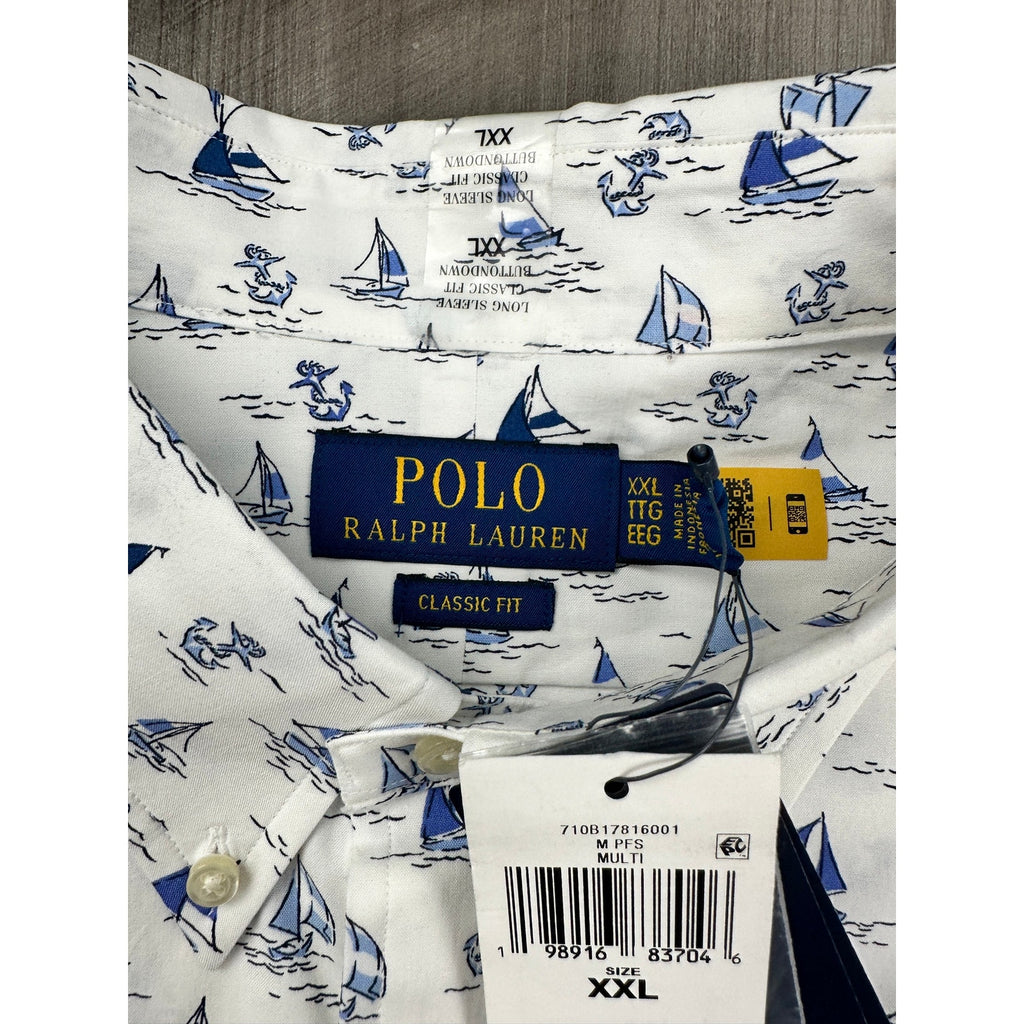 Polo Ralph Lauren Classic Fit Sailboat Anchor AOP Long Sleeve Shirt in White Blue — Size 2XL