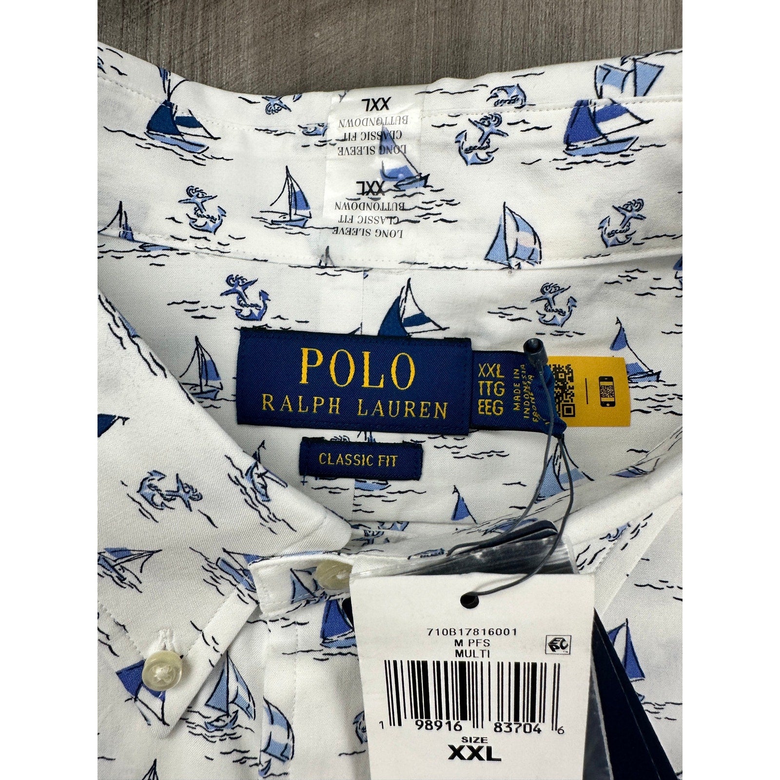 Polo Ralph Lauren Classic Fit Sailboat Anchor AOP Long Sleeve Shirt in White Blue — Size 2XL