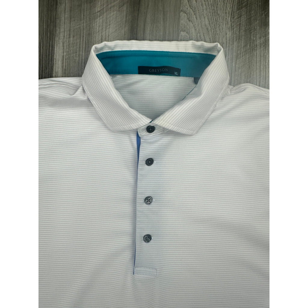 Greyson Quogue Performance Striped Golf Polo in Light Pink, White — Size XL // Preowned
