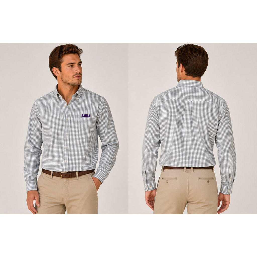 Antigua LSU Tigers Structure Checkered Long Sleeve Button Down in Gray White — Size Large // Preowned