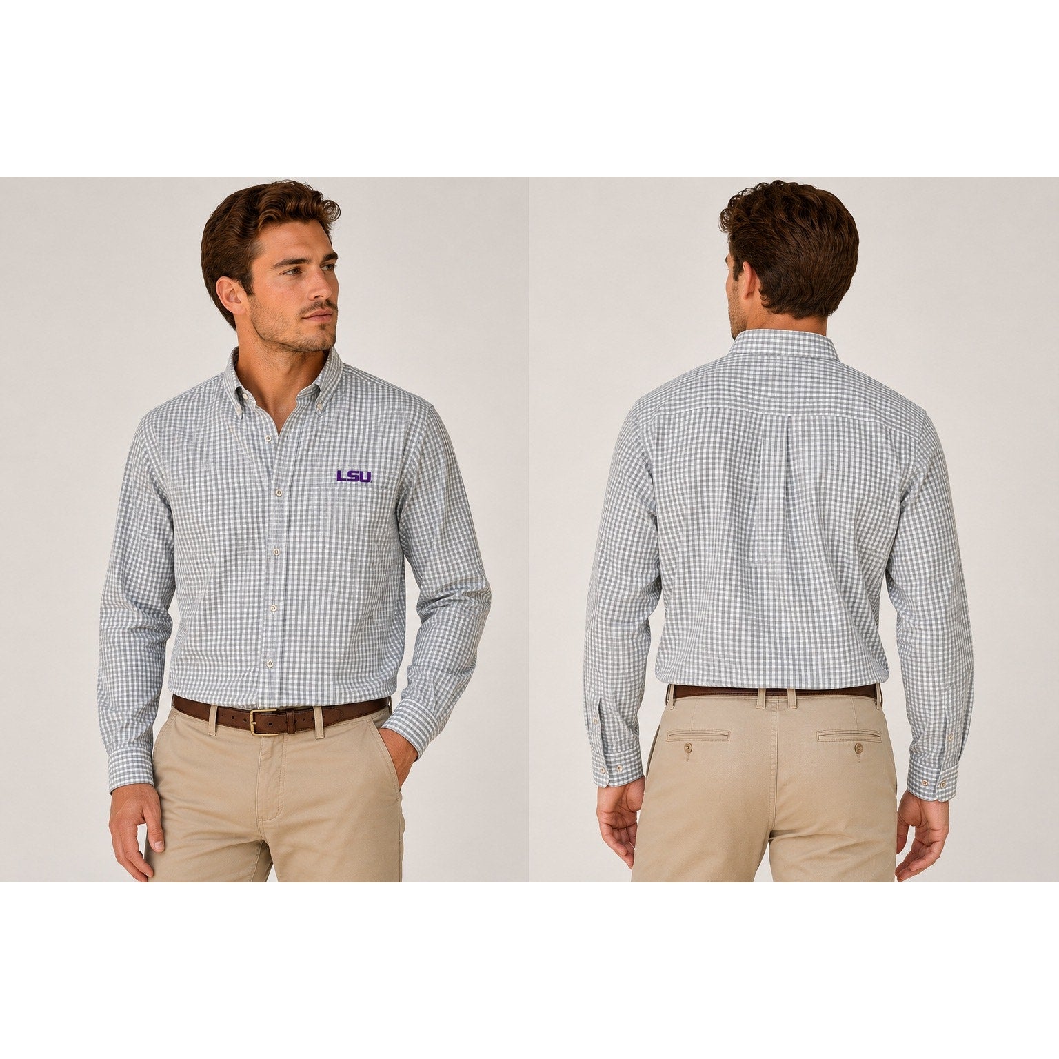 Antigua LSU Tigers Structure Checkered Long Sleeve Button Down in Gray White — Size Large // Preowned