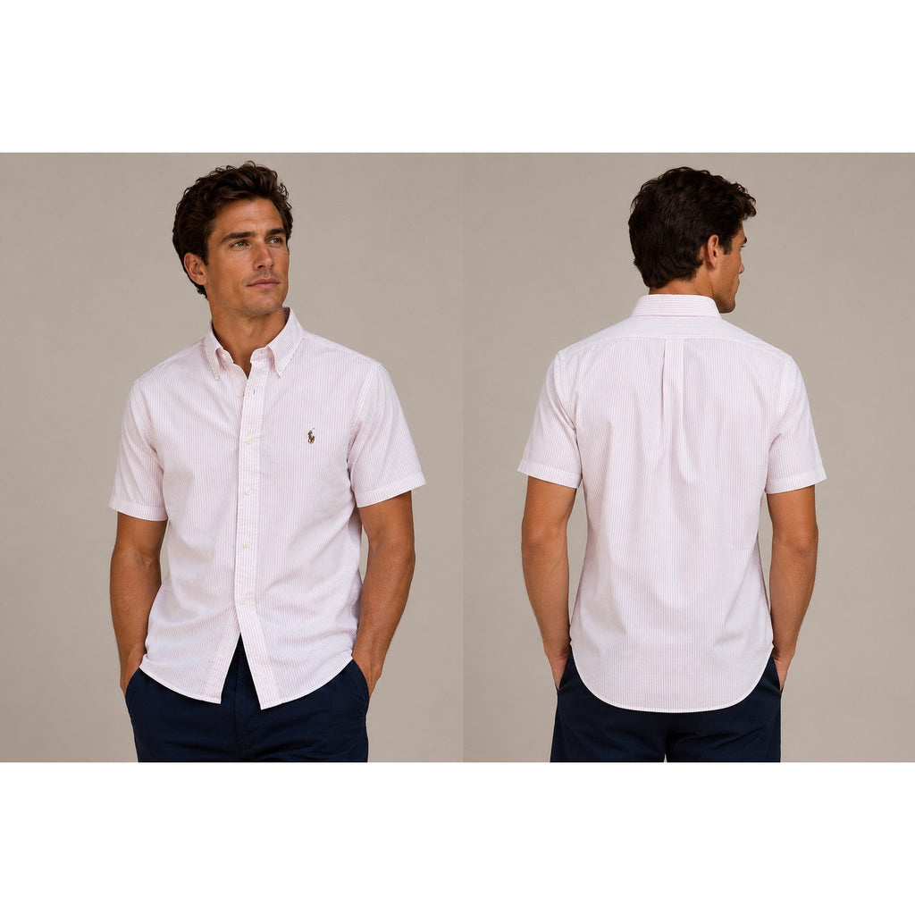 Ralph Lauren Classic Fit Striped Short Sleeve Button Down in Pink White — Size L // Preowned