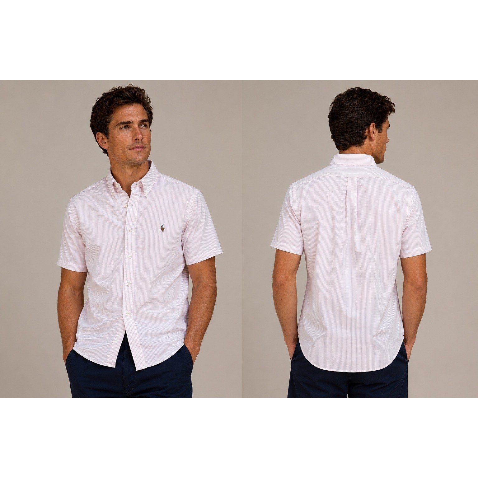 Ralph Lauren Classic Fit Striped Short Sleeve Button Down in Pink White — Size L // Preowned