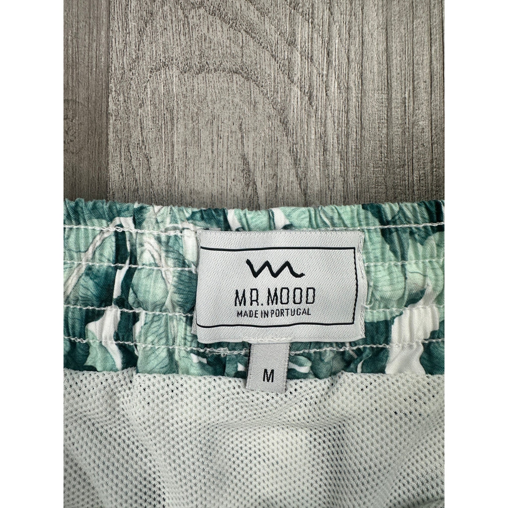 Mr. Mood Tropical Palms Swim Trunks in Green, White — Size Medium // Preowned