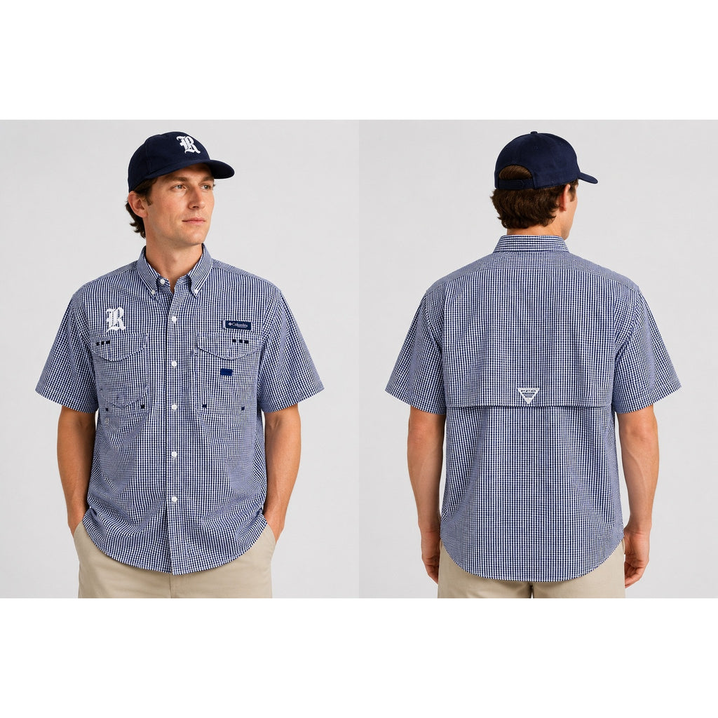 Columbia Rice Owls Super Bonehead PFG Vented Button Down in Navy Gingham — Size M // Preowned