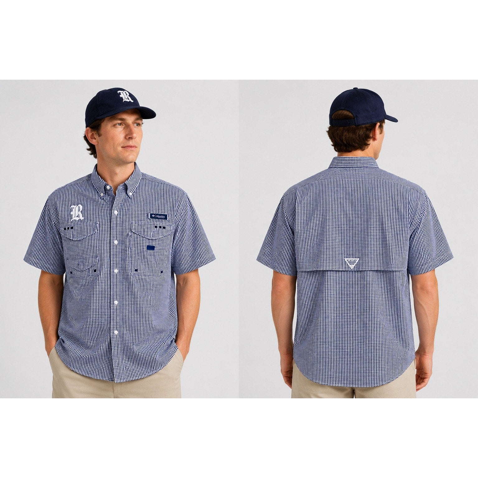 Columbia Rice Owls Super Bonehead PFG Vented Button Down in Navy Gingham — Size M // Preowned