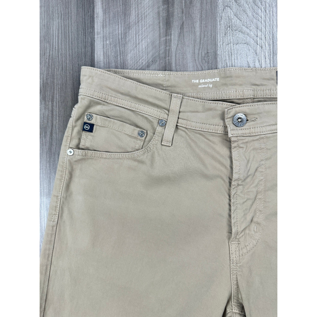 AG Adriano Goldschmied Graduate Tailored Leg Sueded Stretch Sateen Chino Jean in Khaki — Size 34x32 // Preowned