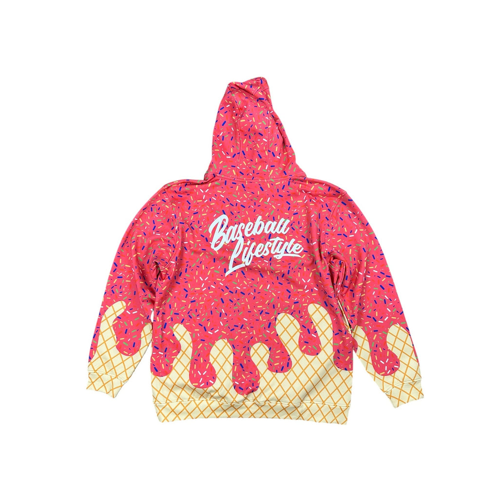 Baseball Lifestyle 101 Ice Cream Pullover Hoodie in Strawberry Pink — Size XL