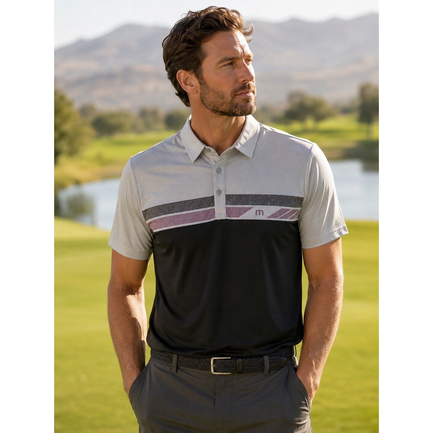 TravisMathew Real Treat Striped Stretch Golf Polo in Gray, Black, Purple — Size Large // Preowned