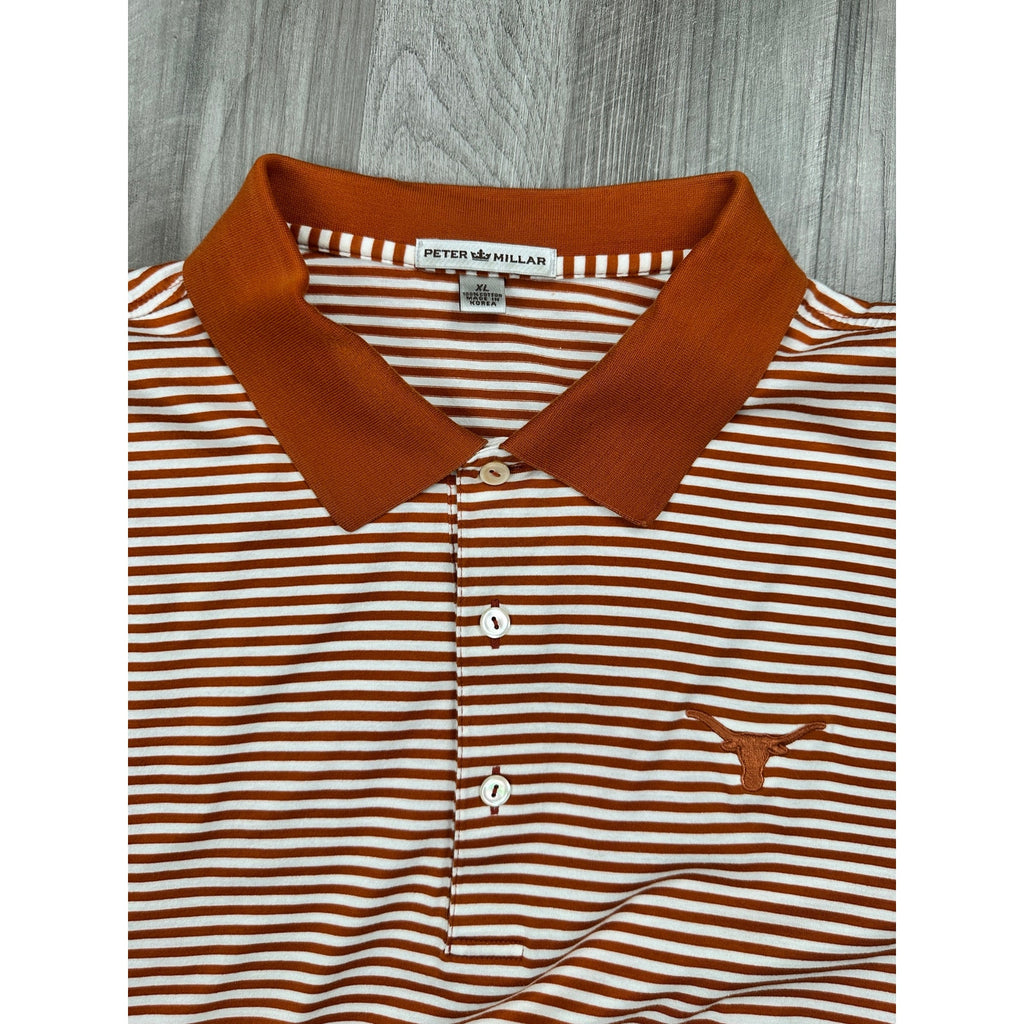 Peter Millar Texas Longhorns Striped Cotton Golf Polo in Burnt Orange, White — Size XL // Preowned