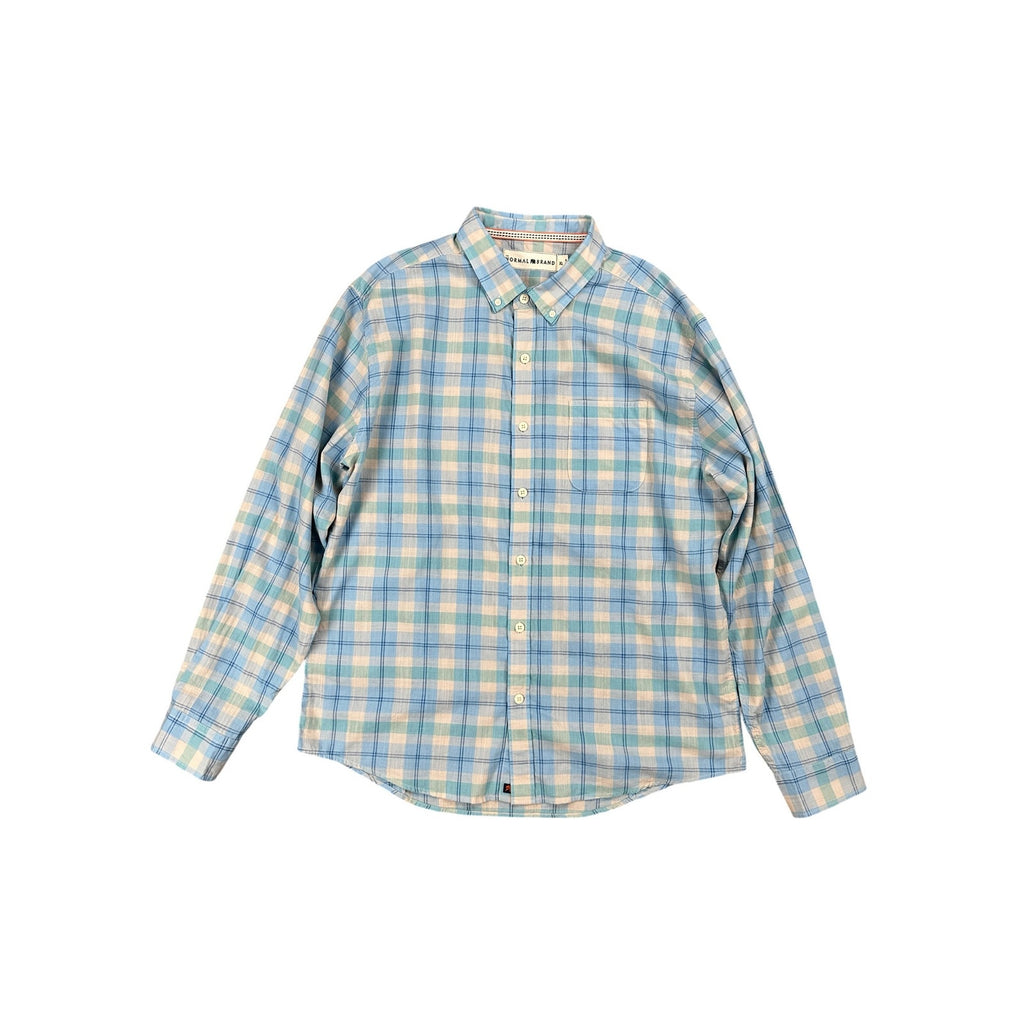 The Normal Brand Plaid Long Sleeve Button Down in Light Blue Light Green Cream and Light Navy — Size XL // Preowned