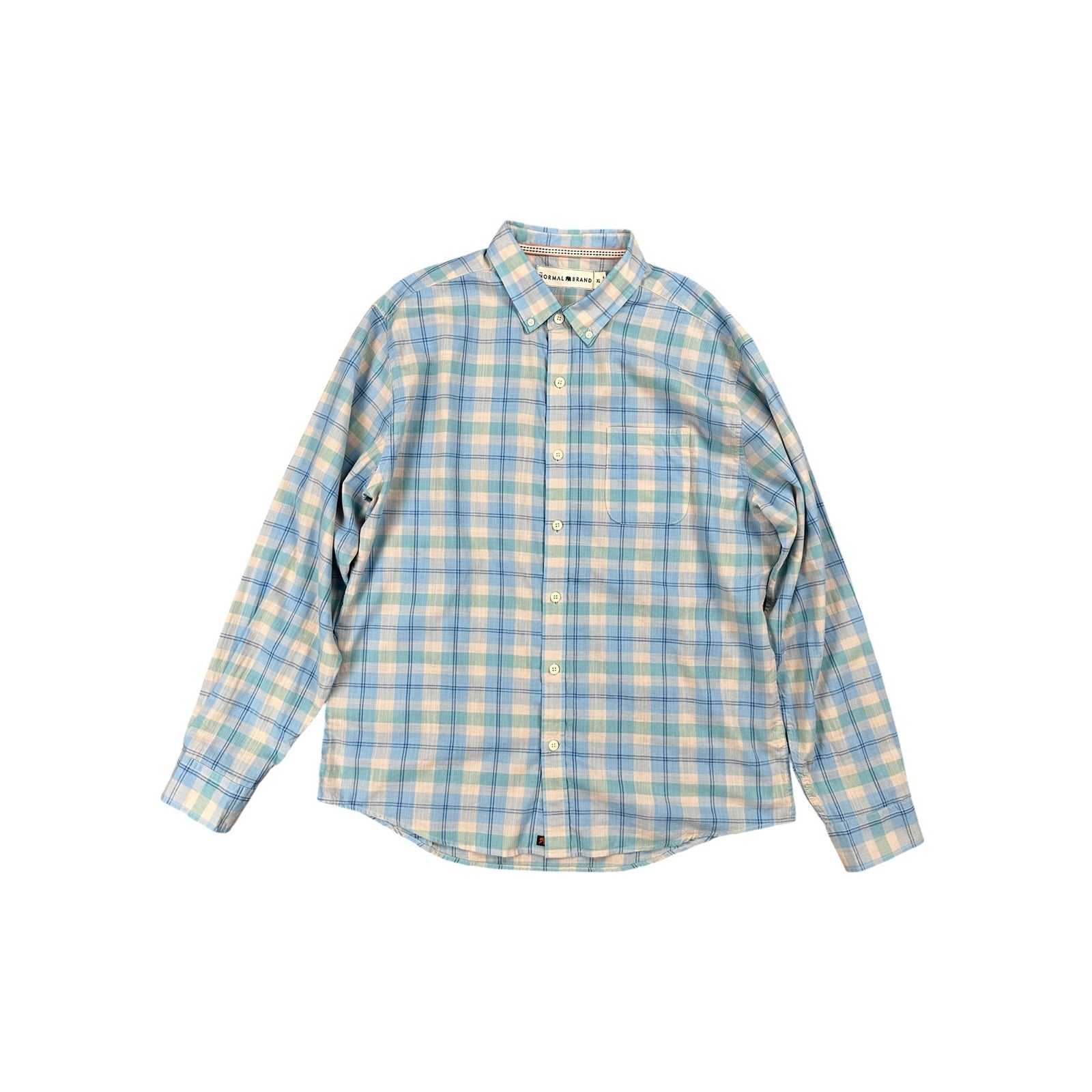 The Normal Brand Plaid Long Sleeve Button Down in Light Blue Light Green Cream and Light Navy — Size XL // Preowned