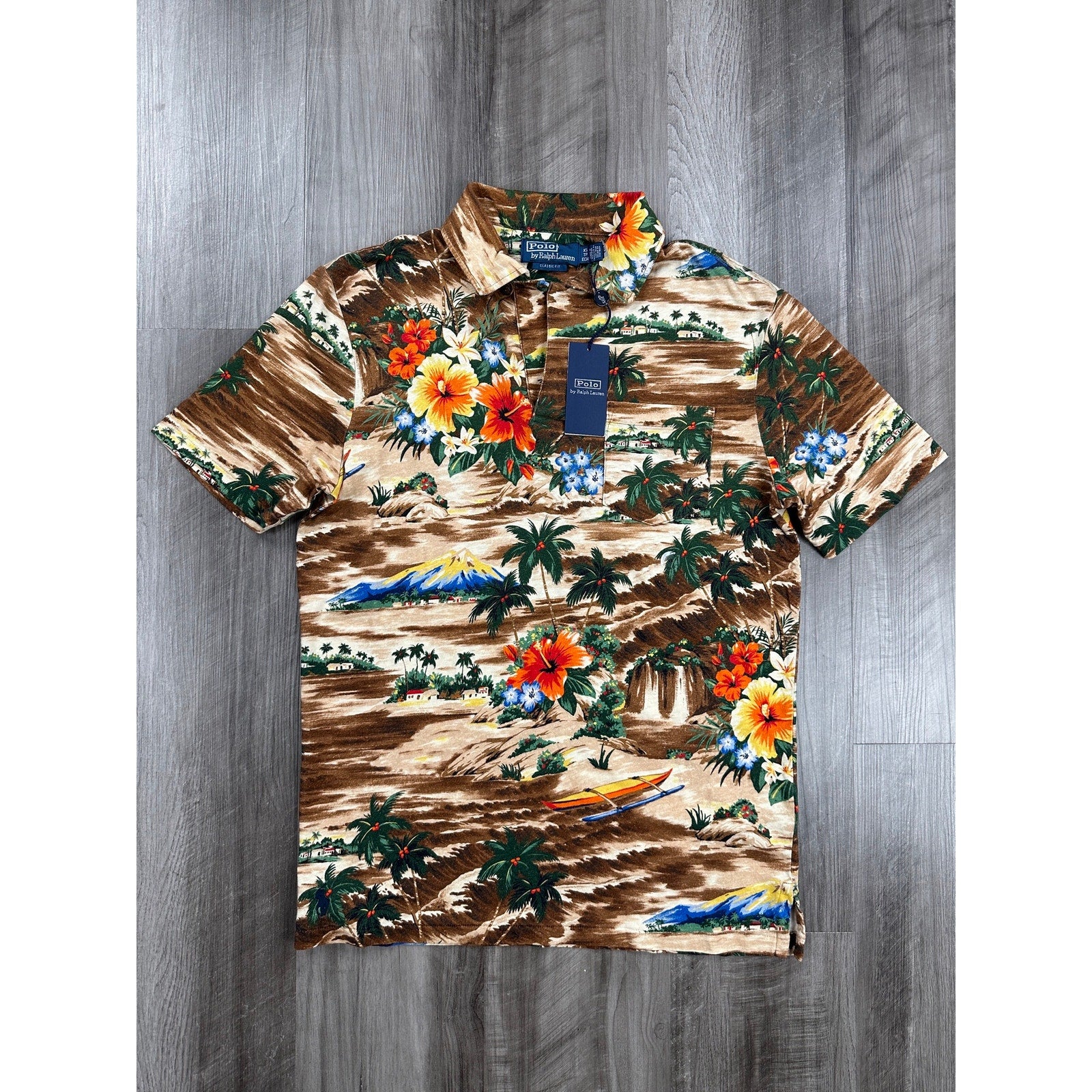 Polo Ralph Lauren Brown Hawaiian Floral Beach Classic Fit Linen Blend Polo - XS