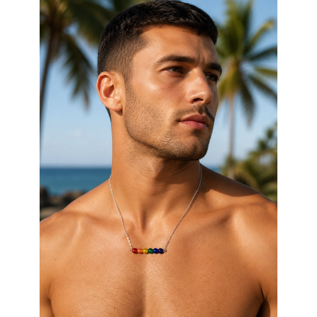 Andrew Christian Rainbow Pride Bar Necklace in Silver with Rainbow Bar — One Size