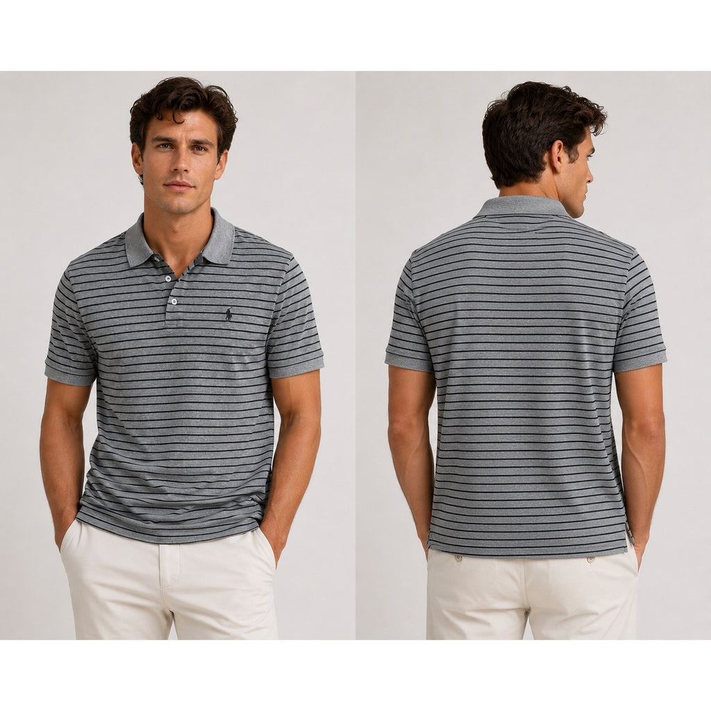 Polo Ralph Lauren Classic Fit Striped Mesh Knit Polo in Gray and Black — Size Large // Preowned