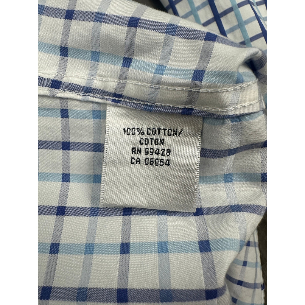 Bugatchi Uomo Long Sleeve Check Dress Shirt in Blue White Plaid — Size 17.5 36/37