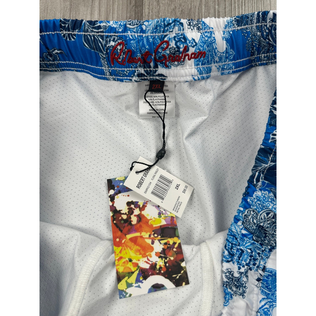 Robert Graham Floral Paisley Swim Trunks in Blue Navy and White — Size 2XL
