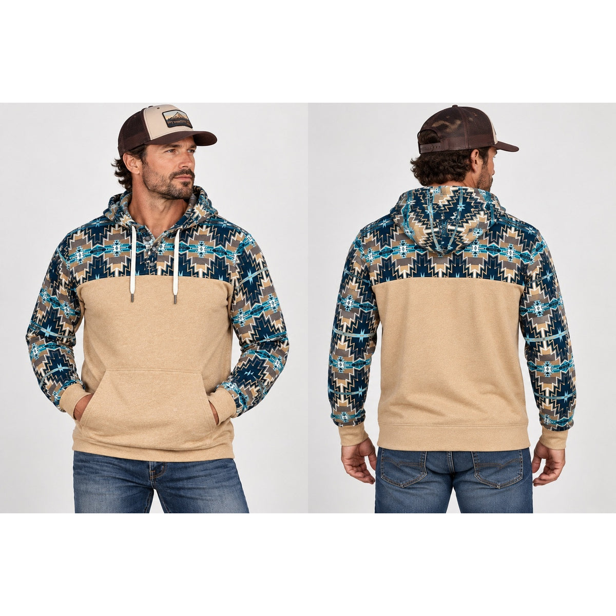 Rock & Roll Denim Aztec Color Block Graphic Tan Henley Hoodie — Size XL // Preowned