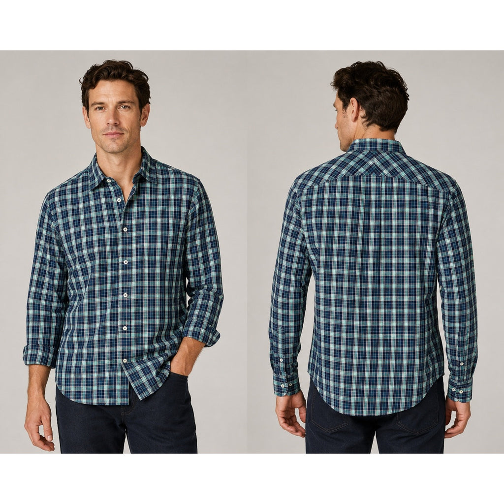 Billy Reid Standard Cut Plaid Long Sleeve Shirt in Navy, Teal, White — Size Medium // Preowned