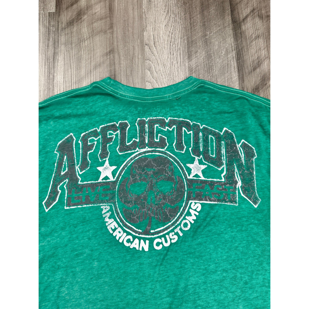Affliction American Customs Live Fast Get Lucky Graphic Tee Green  — Size XL