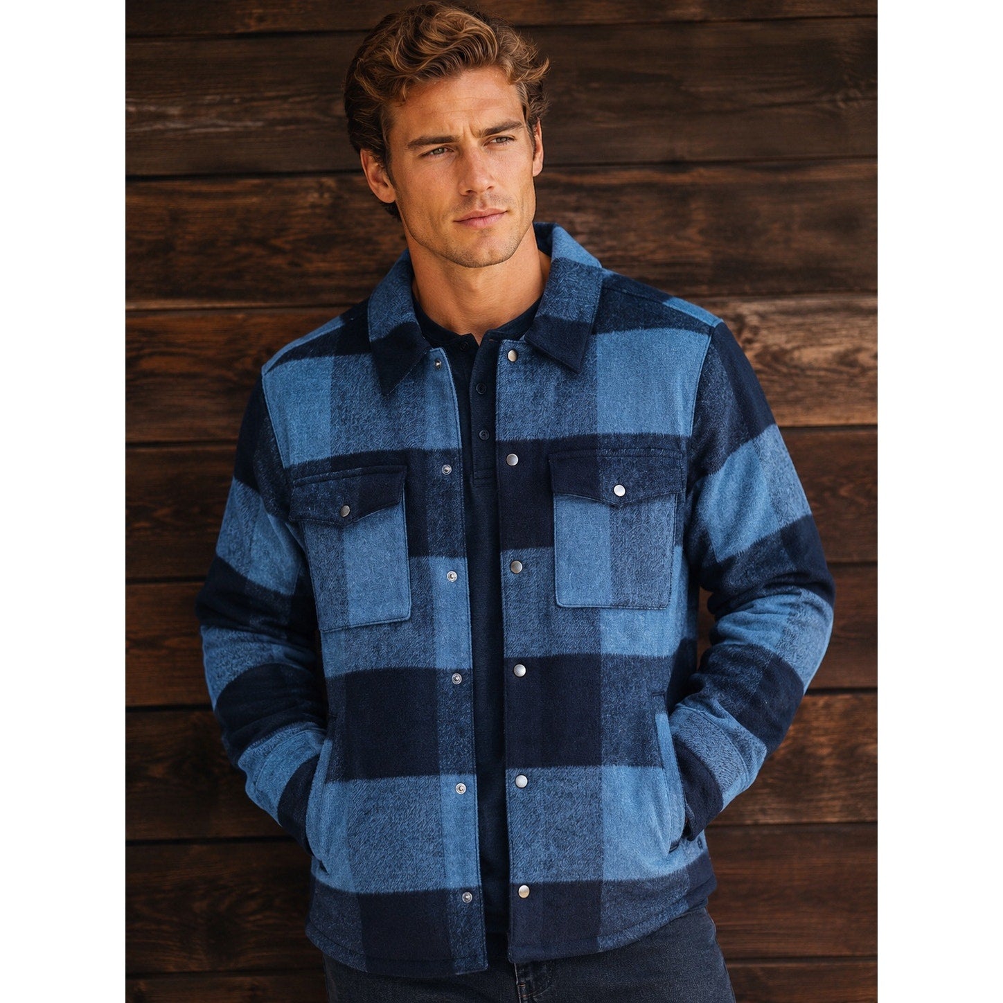 VRST Wool Blend Plaid Shirt Jacket Shacket in Navy Blue Checkered — Size Medium // Preowned