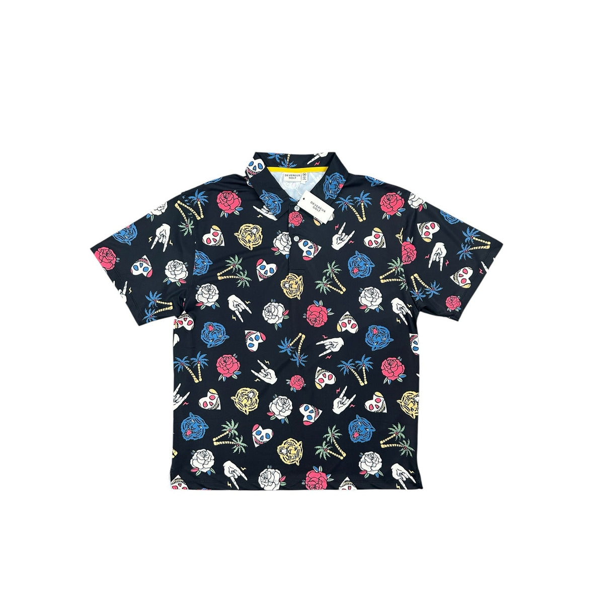 Devereux Golf Freestyle Skull Tiger Roses Performance Polo — Size Medium
