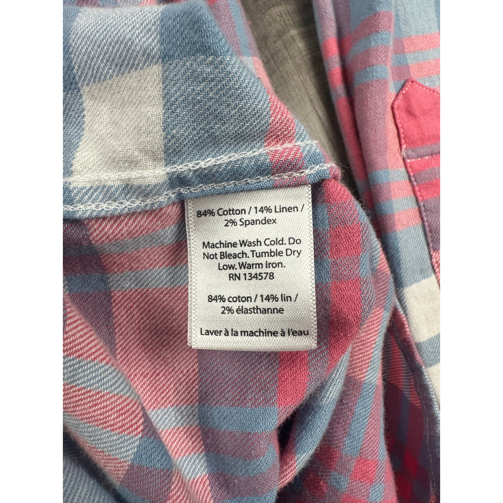 Vineyard Vines Slim Fit Tucker Shirt in Pink Blue Gray White Plaid Linen Blend — Size Large