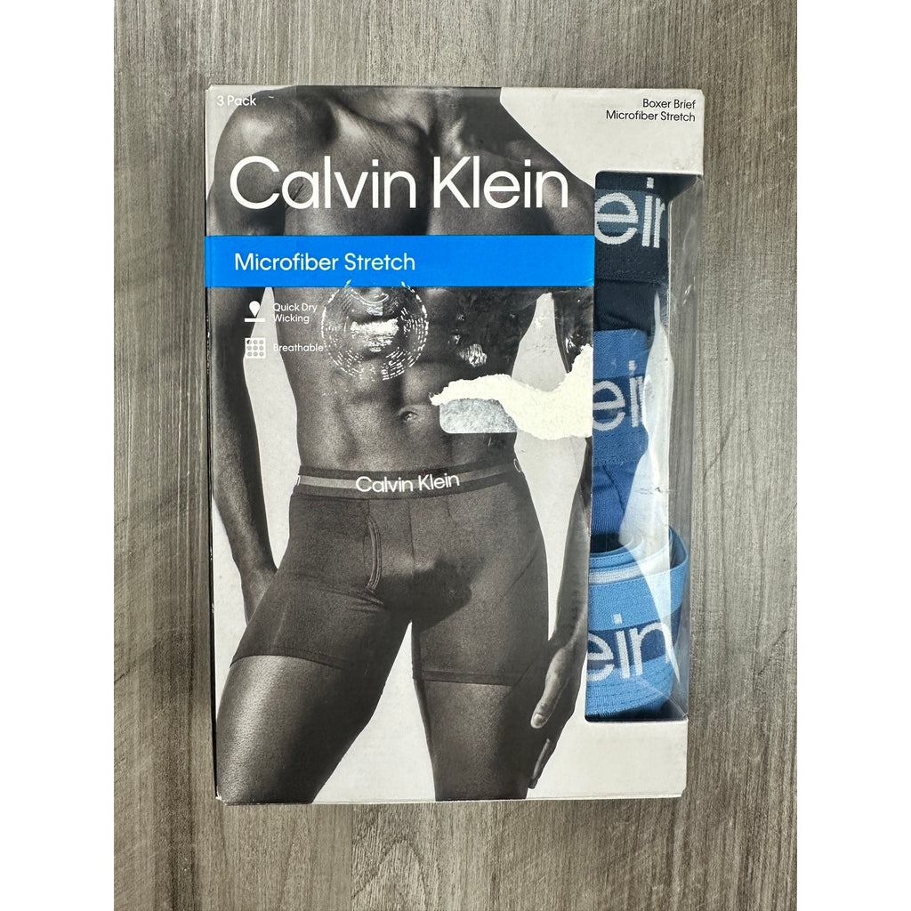 Calvin Klein Microfiber Stretch Boxer Brief 3-Pack in Blue Multi — Size Large