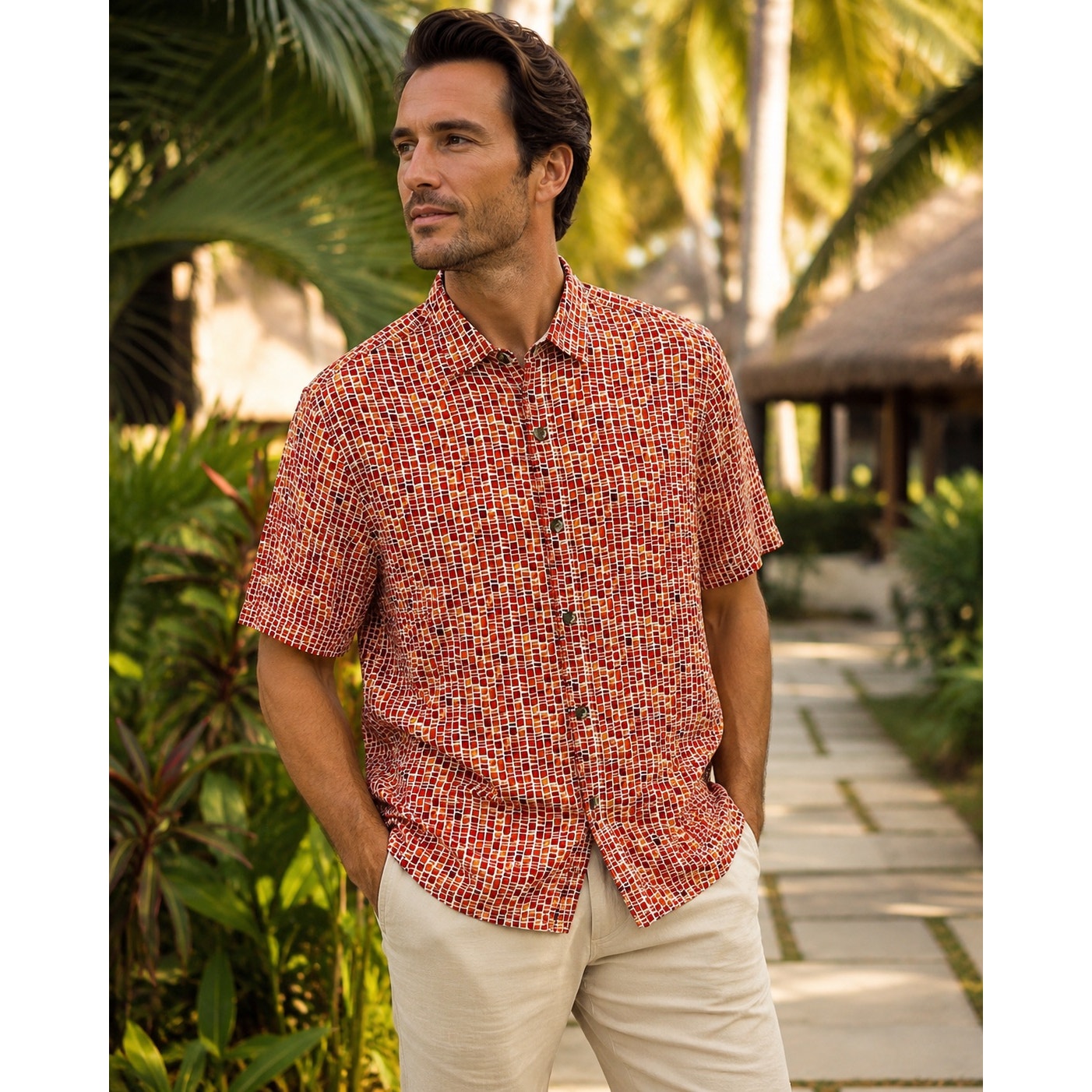 Tommy Bahama Bamboo Tiles Silk Short Sleeve Button Down in Boomerang Red — Size Medium