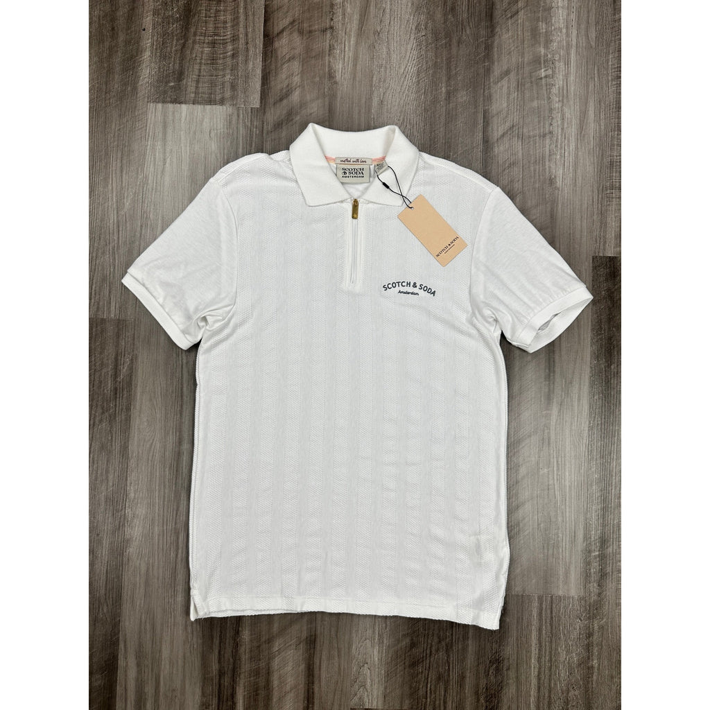 Scotch & Soda Popcorn Pique Zip Polo in Star White — Size Small