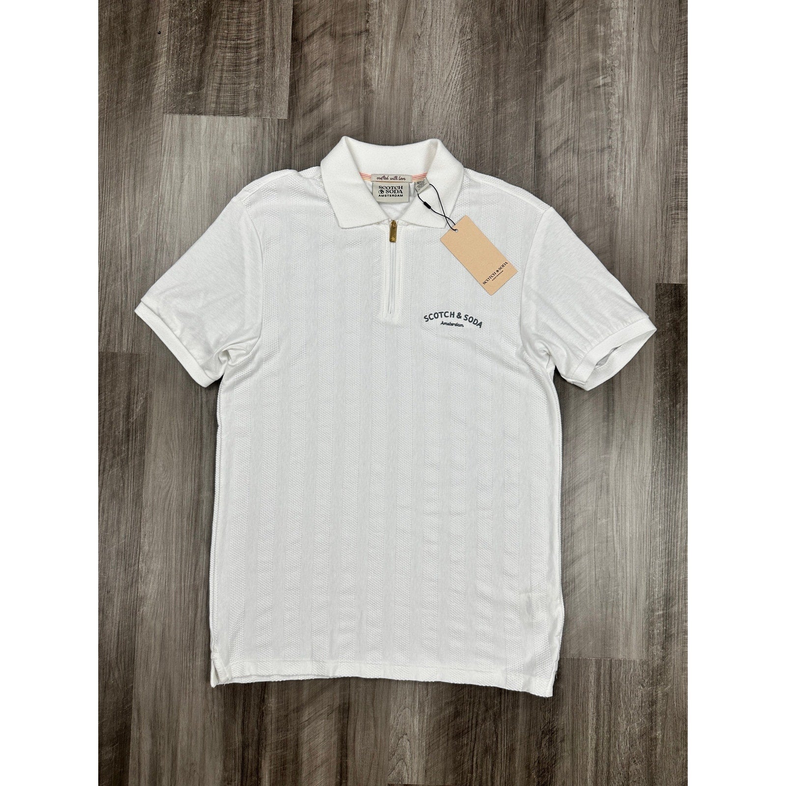 Scotch & Soda Popcorn Pique Zip Polo in Star White — Size Small