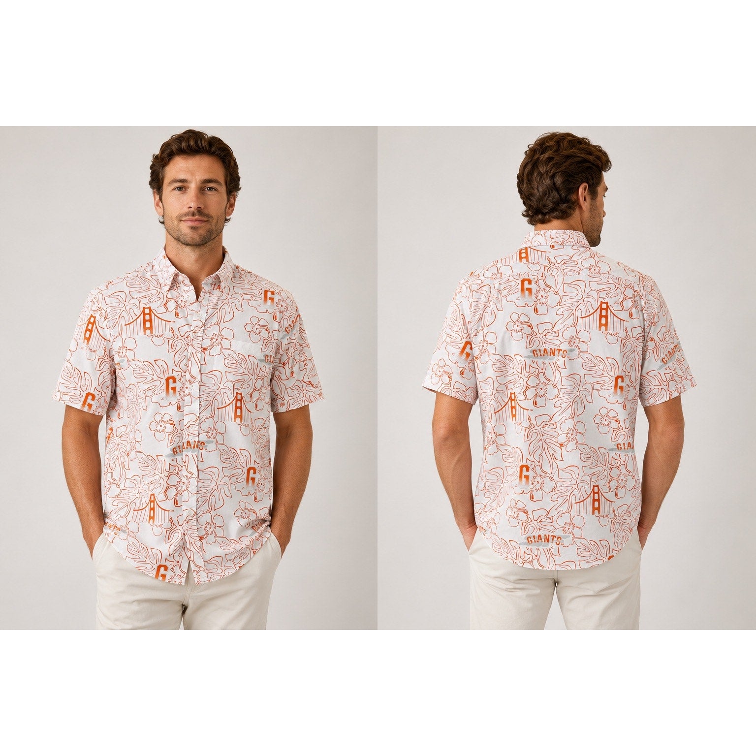 Reyn Spooner San Francisco Giants MLB Genuine Merchandise Hawaiian Short Sleeve in White, Orange and Grey — Size Medium // Preowned