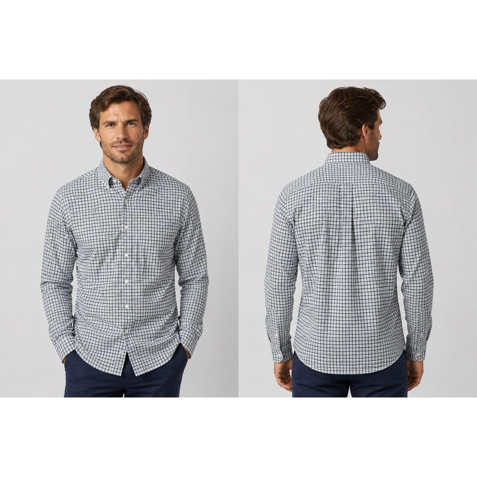 Onward Reserve Tailored Fit Plaid Long Sleeve Button Down in White, Blue, Navy and Dark Tan — Size XL // Preowned