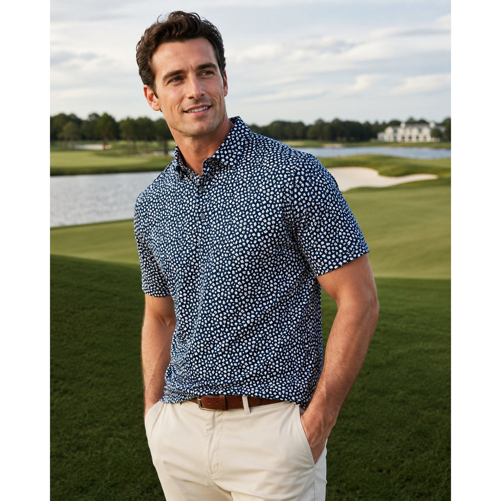 American Tall Floral Mesh Performance Polo in Navy, Blue, White — Size Small // Preowned
