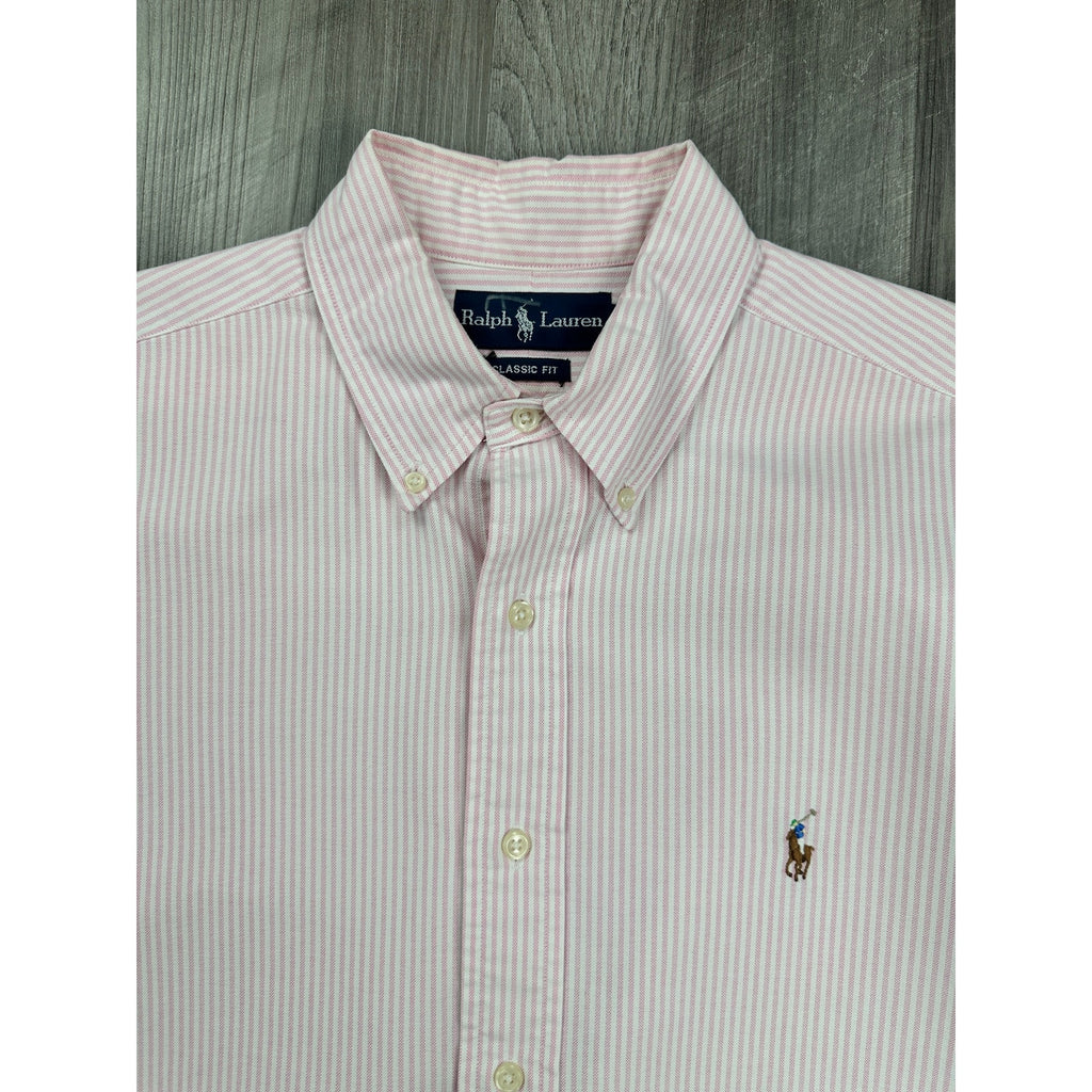 Ralph Lauren Classic Fit Striped Short Sleeve Button Down in Pink White — Size L // Preowned