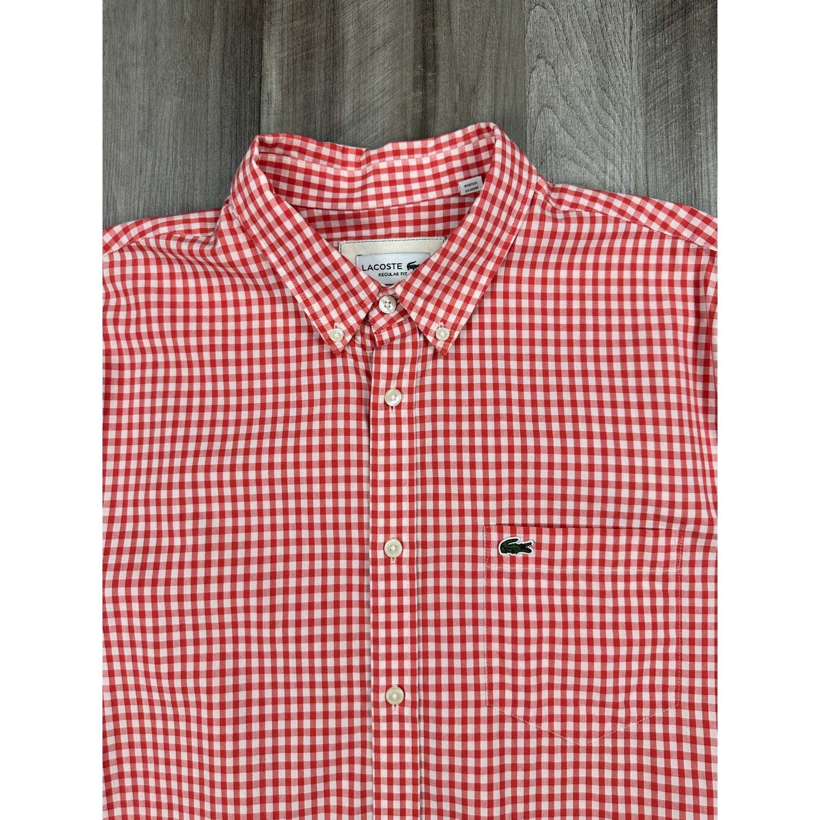 Lacoste Short Sleeve Regular Fit Gingham Poplin Shirt in Red, White — Size XL // Preowned